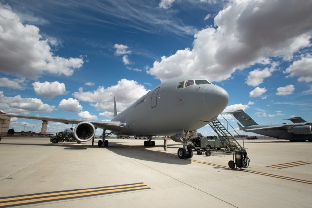 A KC-46A Pegasus from the 931st Air Refueling Wing at McConnell Air Force Base, Kansas, sits on the flight line at Travis Air Force Base, California, prior to a refueling mission supporting Exercise Nexus Dawn, April 26, 2021. The Pegasus is the...