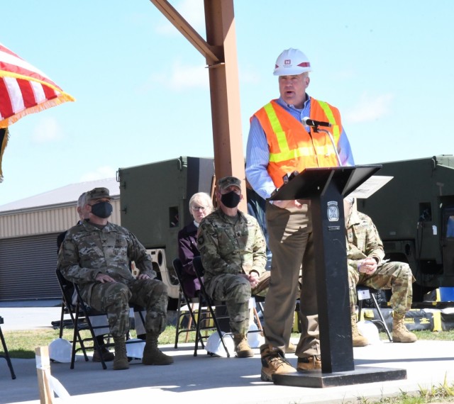 Reinhard Koenig, U.S. Army Corps of Engineers regional business director for North Atlantic Division, addresses attendees at the ground-breaking ceremony May 12 for the new unmanned aircraft system (UAS) hangar at Wheeler-Sack Army Airfield. (Photo by Mike Strasser, Fort Drum Garrison Public Affairs)