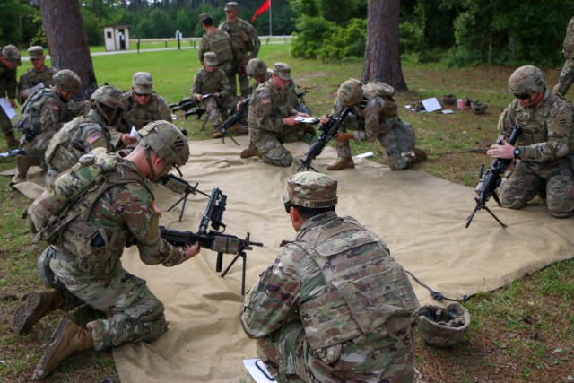 U.S. Army Soldiers disassemble, reassemble and conduct a function check on M249 squad automatic weapons at Small Arms Range Delta during the Division’s Soldier and Noncommissioned Officer of the Year Competition on Fort Stewart, Georgia, May 4, 2021. Candidates must outperform all other competitors in both physical and mental toughness as well as technical and tactical knowledge and proficiency to proceed through the corps, major command, and ultimately the Army level competitions. (U.S. Army Photo by Sgt. Trenton Lowery)