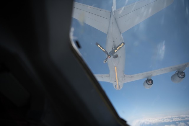 A C-17 Globemaster III from the 446th Airlift Wing prepares to receive fuel from a KC-135 Stratotanker from the 940th Air Refueling Wing during Exercise Nexus Dawn, in California on April 27, 2021. Through exercises like Nexus Dawn, Reserve...