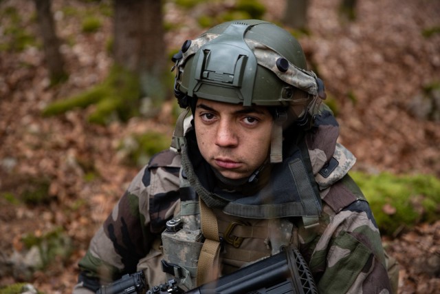 A soldier in the French Army trains during Dragoon Ready 21 in Hohenfels, Germany on April 17, 2021.  The multinational exercise trained U.S. Army soldiers assigned to the 2nd Cavalry Regiment, and promotes interoperability with U.S. Army soldiers and NATO partners and allies. (U.S. Army photo by Sgt. Amanda Fry)