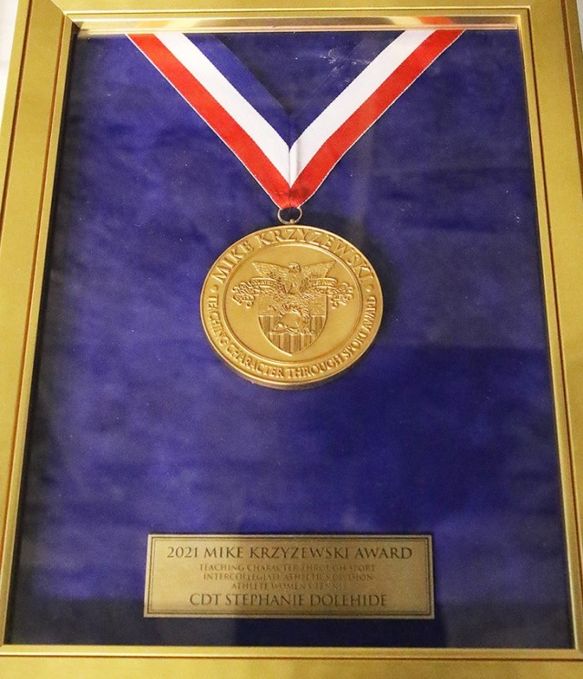 A close-up of the annual Coach Mike Krzyzewski Teaching Character Through Sport Award medallion that was presented to Class of 2022 Cadet Stephanie Dolehide and the other winners and runners-up May 6 in a combined virtual, via Microsoft...