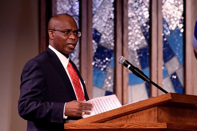 Guest speaker retired Brig. Gen. Stephen Michael, executive director of UBS Financial Services in Kansas City, Mo., and senior adviser for organizational culture to Training and Doctrine Command, delivers remarks during the National Day of Prayer...