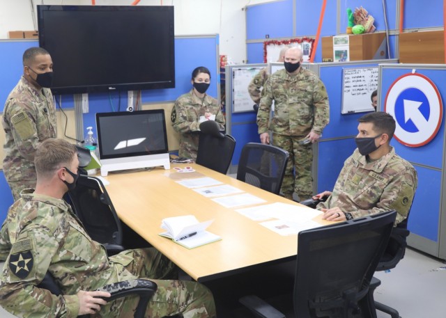 Soldiers of the 1st Theater Sustainment Command (Forward) Plans Team conduct a planning meeting at Camp Arifjan, Kuwait, Mar. 22, 2021. The 1st TSC (FWD) Plans Team brings subject matter experts from numerous fields that provide integration...