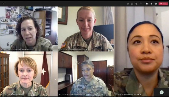 Army medical officers participate in a live panel discussion on COVID-19 vaccines and their possible effects on women on May 13, 2021. From top left, counter clockwise, Col. Catherine Kimball-Eayrs, pediatrics consultant for the Army surgeon general; Maj. Jessica Cassidy, chief of nursing operations at Madigan Army Medical Center at Joint Base Lewis-McChord, Wash.; Maj. Christine Bacsa, a senior public health nurse for the ASG; moderator Maj. Jacqueline Wren; and Brig. Gen. Mary Krueger, Army Medical Command’s deputy chief of staff for support, G-1/4/6.