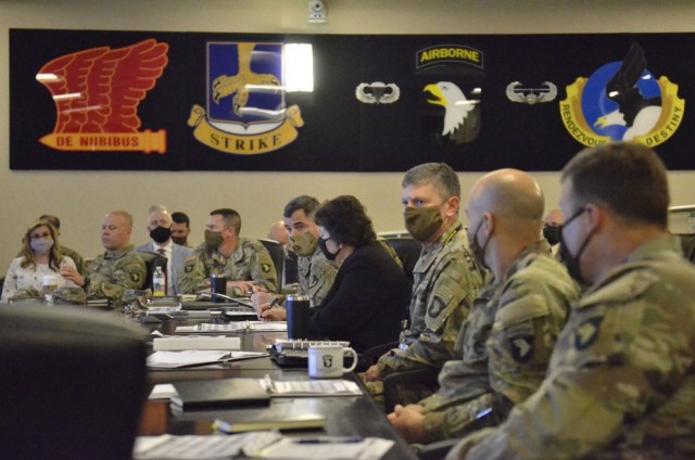 Brenda Lee McCullough, director, U.S. Army Installation Management Command Directorate-Readiness, center, discusses Fort Campbell’s progress, goals and priorities with garrison and division leadership during the annual Installation Planning...