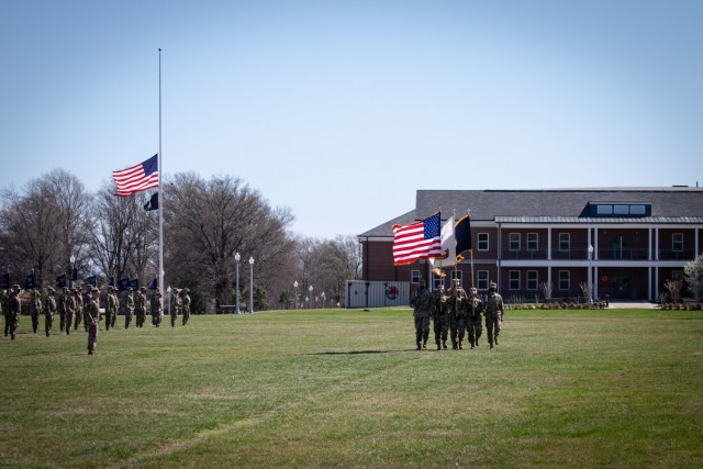 The colorguard of the United States Army Reserve Legal Command retires the colors during a change of command ceremony held Friday, March 26 on Joint Base Myer-Henderson Hall, Virginia.