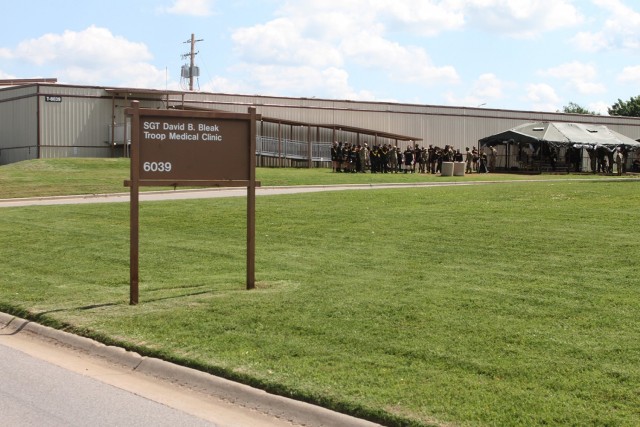 Initial entry trainees form up outside the Sgt. David B. Bleak Troop Medical Clinic at Fort Sill, Oklahoma. The clinic staff is constantly busy as the over 21,500 patients treated in 2020 confirms.