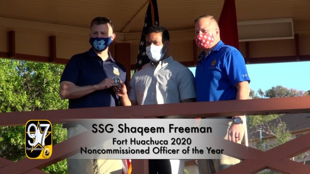 In this video capture, Command Sergeant Major Warren Robinson, Command Sergeant Major of the U.S. Army Intelligence Center of Excellence presents a challenge coin to Staff Sgt. Shaqueem Freeman, the Fort Huachuca 2020 Noncommissed Officer of the...