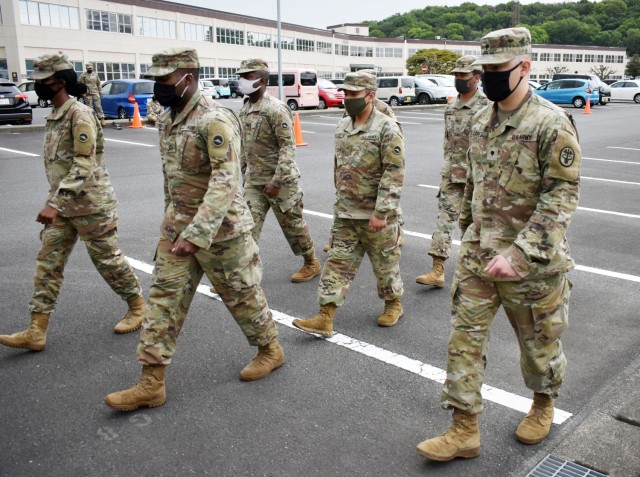 Spc. Mario Lopez, assigned to U.S. Army Medical Department Activity-Japan, competes in the drill and ceremony portion of the 2021 U.S. Army Japan Best Warrior Competition at Camp Zama, Japan, May 11.
