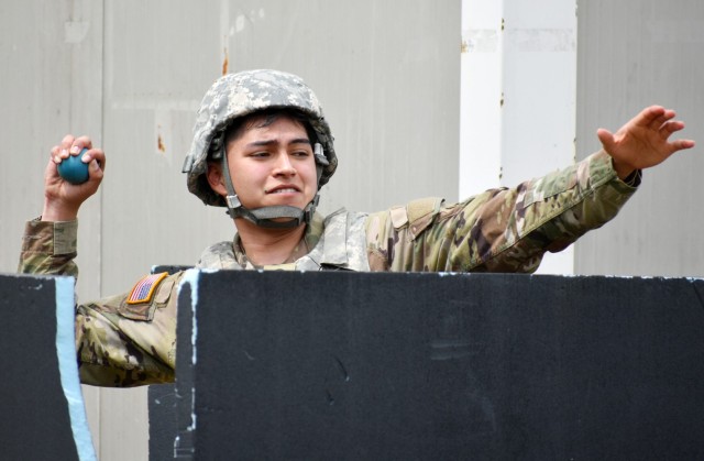 Spc. Izak Ramirez, assigned to the 38th Air Defense Artillery Brigade, competes in the hand grenade lane during the 2021 U.S. Army Japan Best Warrior Competition at Sagami General Depot, Japan, May 12.