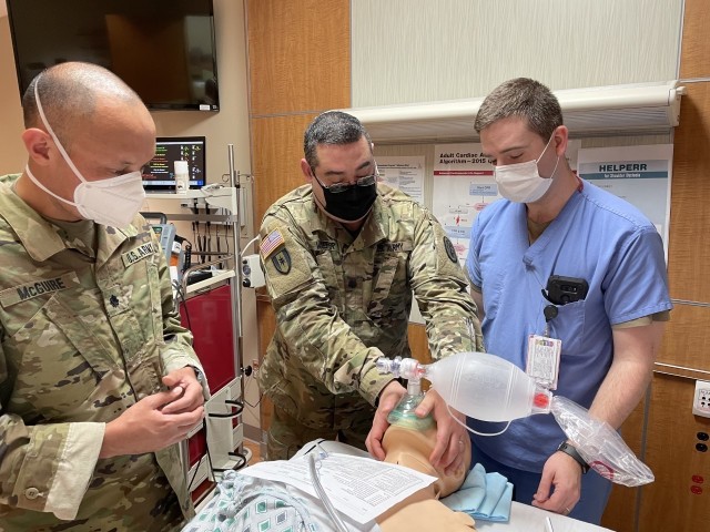 Brooke Army Medical Center's Pulmonary and Critical Care Medicine Chief Lt. Col Robert Walter walked Martin Army Community Hospital's residents and staff through airway intubation.