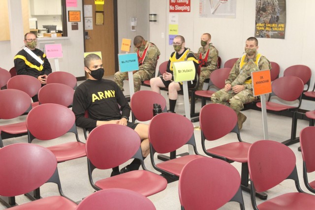 Initial entry trainees await care from medical providers listed by name in the Sgt. David B. Bleak Troop Medical Clinic at Fort Sill, Oklhoma.