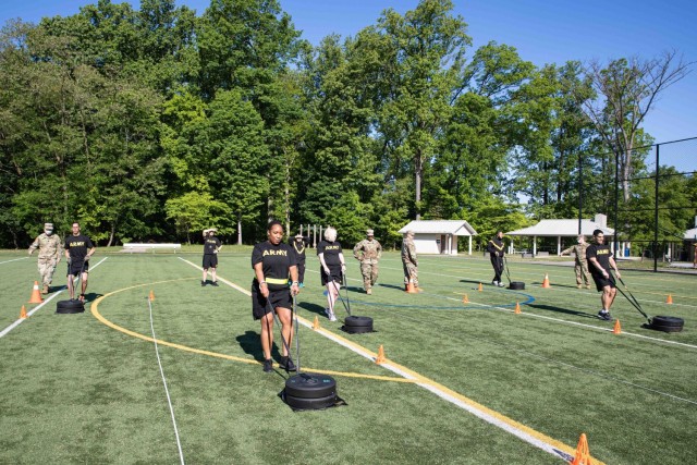 Soldiers assigned to Headquarters, Headquarters Company, U.S. Army Reserve Legal Command conduct the Sprint-Drag-Carry event of the Army Combat Fitness Test on Saturday, May 15th aboard Naval Support Activity Bethesda, Maryland.  The multi-event test served as a diagnostic evaluation of each Soldier’s physical readiness while providing a viewpoint on how they can improve their training and nutrition.