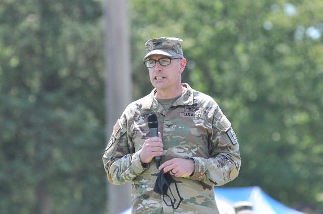 Col. Jason P. Affolder, commander, 23rd Quartermaster Brigade, addresses troops following the Soldier Stakes Competition May 14.