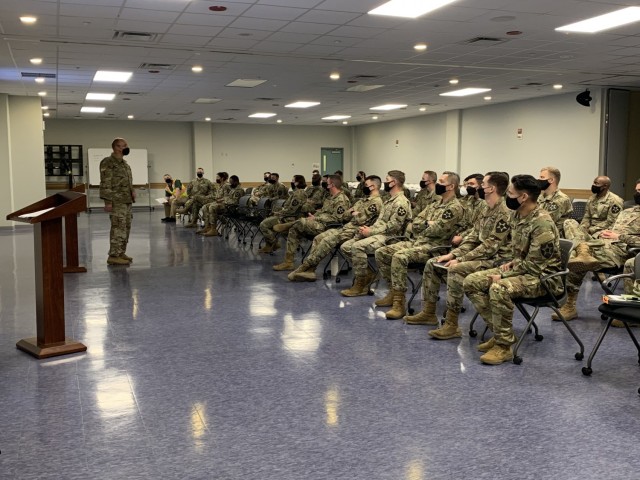 Col. Christopher Crary, FED commander, briefs 11th Engineer Battalion Soldiers on the mission and roles of the District, and how it fits into the greater USACE mission. (U.S. Army photo by Sameria Zavala)