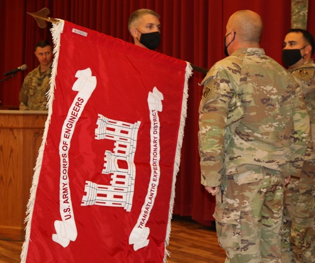Fully unfurled, the Transatlantic Expeditionary District flag is now on full display at the newly combined command which stood up May 15, 2021. (Photo by Rick Benoit)