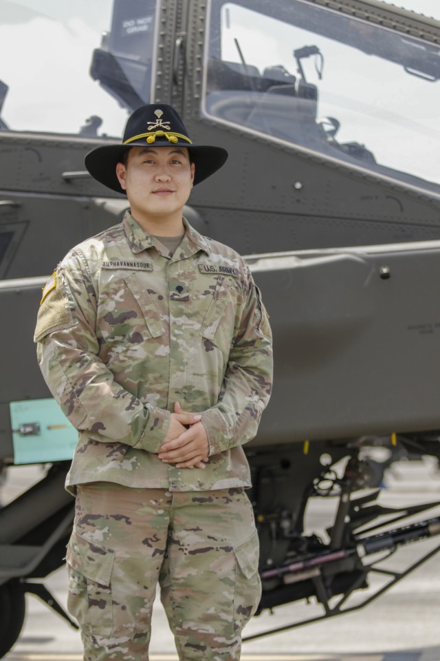 U.S. Army Spc. Eric Amphavannasouk, a human resource specialist, grew up in Modesto, California. His family, originally from Laos, emigrated after the Vietnam War. Amphavannasouk joined the Army to travel, open up opportunities, and show his grandparents his appreciation for their sacrifices. Amphavannasouk is currently assigned to 3rd Squadron, 17th Cavalry Regiment, 3rd Combat Aviation Brigade, 3rd Infantry Division, and is preparing to attend a leadership course required to become a sergeant.
