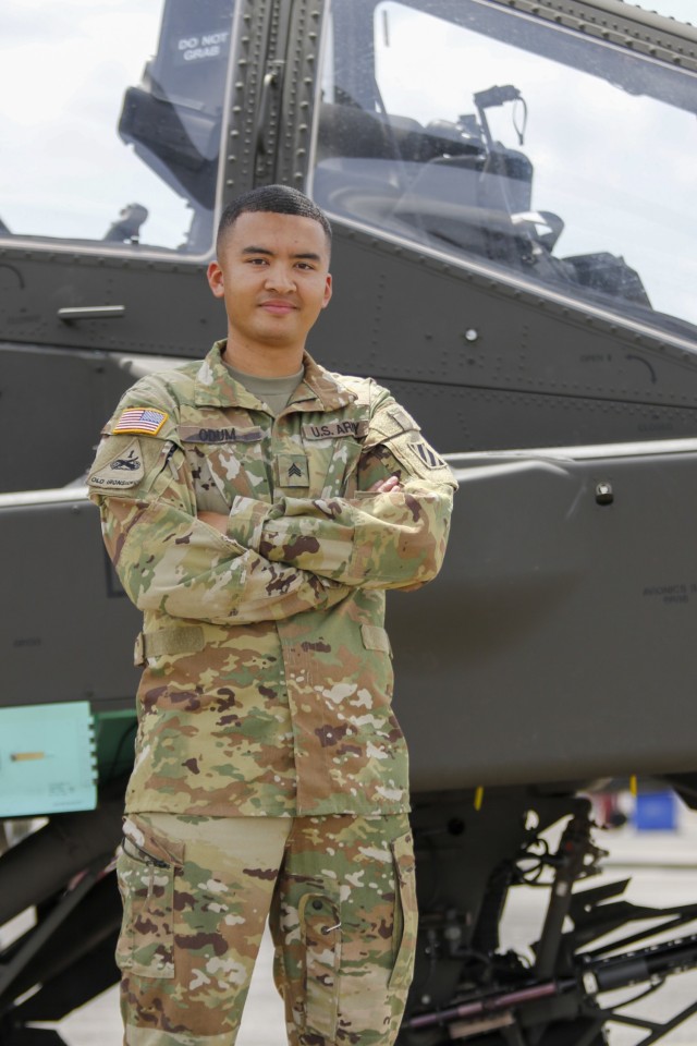 U.S. Army Sgt. Mark Odum, an attack helicopter repairer, was born in Richmond, Virginia, to a Filipino mother and an African American father. He completed a rotation to Illesheim, Germany, in support of Operation Atlantic Resolve in 2017, and a deployment to Dahlke, Afghanistan, in 2019 in support of Operation Freedom Sentinel. Odum arrived at Hunter Army Airfield in August of 2020 and became a crew chief in 3rd Squadron, 17th Cavalry Regiment, 3rd Combat Aviation Brigade, 3rd Infantry Division. He is currently attending Savannah Technical College to receive an Airframe and Powerplant certification. His future plans include receiving a degree in Aviation Management.