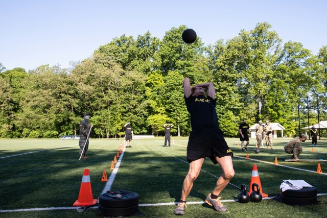 A soldier assigned to Headquarters, Headquarters Company, U.S. Army Reserve Legal Command conducts the Standing Power Throw event of the Army Combat Fitness Test on Saturday, May 15th aboard Naval Support Activity Bethesda, Maryland.  The multi-event test served as a diagnostic evaluation of each Soldier’s physical readiness while providing a viewpoint on how they can improve their training and nutrition.