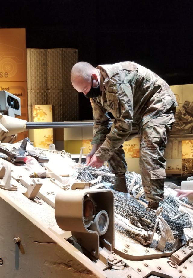 Spc. Philip Starkes assigned to Company D, 6th Squadron, 8th Cavalry Regiment, 2nd Armored Brigade Combat Team, 3rd Infantry Division, worked with the National Museum of the U.S. Army on Fort Belvoir, Virginia, to restore the first Bradley...