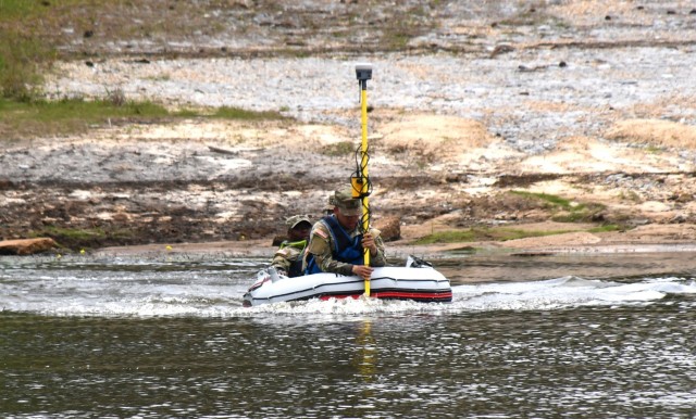 Technical engineers from Fort Polk’s 46th Engineer Battalion criss-cross Engineer Lake using a sonar mike and other equipment April 29 to gather enough information to produce a 3-D map of the depths of the lake and discover if there is anything below the surface that needs to be removed before any training takes place.
