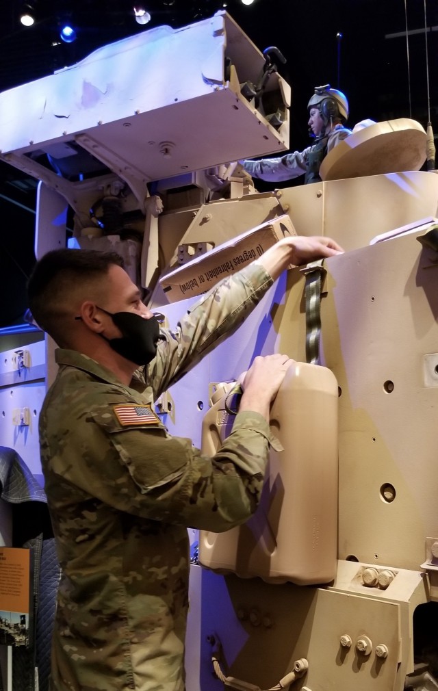 Spc. Tracy Fulton assigned to Company D, 6th Squadron, 8th Cavalry Regiment, 2nd Armored Brigade Combat Team, 3rd Infantry Division, worked with the National Museum of the U.S. Army on Fort Belvoir, Virginia, to restore the first Bradley Fighting...