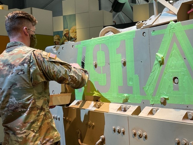 Spc. Nicholas Ford assigned to Company D, 6th Squadron, 8th Cavalry Regiment, 2nd Armored Brigade Combat Team, 3rd Infantry Division, worked with the National Museum of the U.S. Army on Fort Belvoir, Virginia, to restore the first Bradley Fighting...