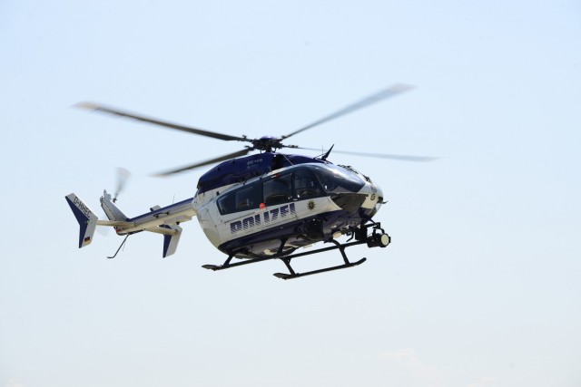 The helicopter of the German Polizeifliegerstaffel can be seen regularly over Clay Kaserne (Courtesy photo by Andreas Rieger, Hessisches Bereitschaftspolizeipräsidium).