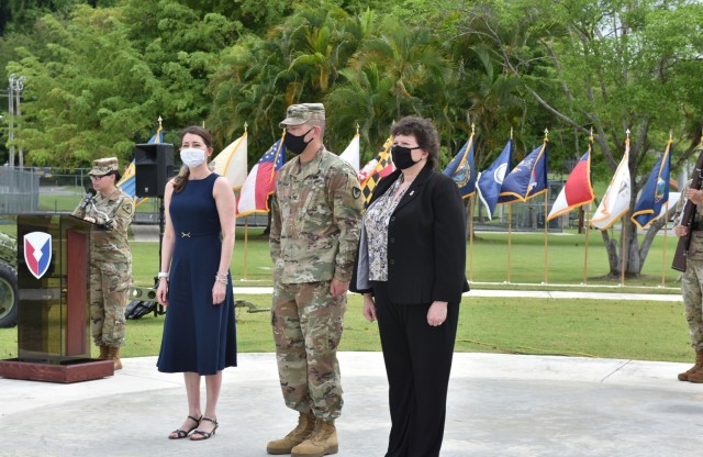 Dr. Jennifer Corcoran spouse of former Garrison Commander, Col. Joseph B. Corcoran III both received recognitions from IMCOM – Readiness Director, Brenda Lee McCullough after the formal change of command ceremony.