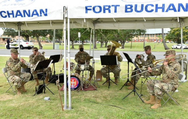Members of the PRNG 248th Army Band Hellfighters Brass Quintet under the direction of Staff Sgt. José Bocanegra provided the official music during Fort Buchanan’s Change of Command Ceremony.
