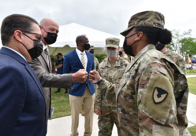 Incoming Garrison Commander, Col. Tomika M. Seaberry greets Puerto Rico Secretary of State Hon. Larry Seilhamer Rodríguez who attended on behalf of the Governor of PR, as well as other distinguished guests to the Fort Buchanan Change of Command...