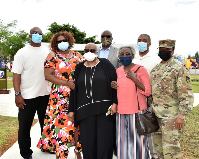 Fort Buchanan Garrison Commander Col. Tomika M. Seaberry posed with her mother (center), husband Robert (next to Col. Seaberry) and attending family members.