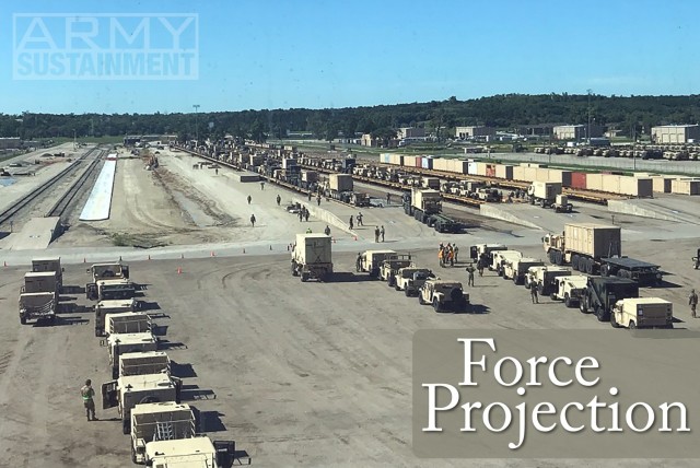 Equipment belonging to the 1st Infantry Division are staged by like-item and force-loaded after passing through the Installation Transportation Office’s inspection station during the National Training Center Decisive Action Rotation 20-10. This...