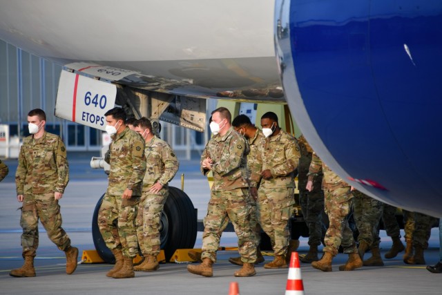 Approximately 100 Soldiers from the newly reactivated V Corps arrived at the Nuremberg Airport on May 19, 2021 to participate in DEFENDER-Europe 21. 
Photo Credit: Eugen Warketin