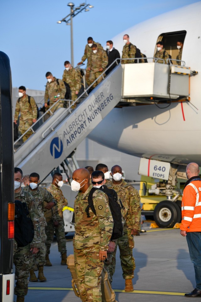 Approximately 100 Soldiers from the newly reactivated V Corps arrived at the Nuernberg Airport on May 19, 2021 to participate in DEFENDER-Europe 21. 
Photo Credit: Eugen Warketin