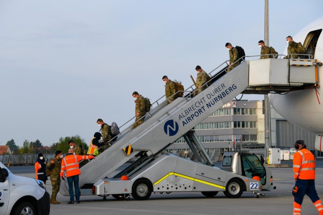 Approximately 100 Soldiers from the newly reactivated V Corps arrived at the Nuremberg Airport on May 19, 2021 to participate in DEFENDER-Europe 21. 
Photo Credit: Eugen Warketin