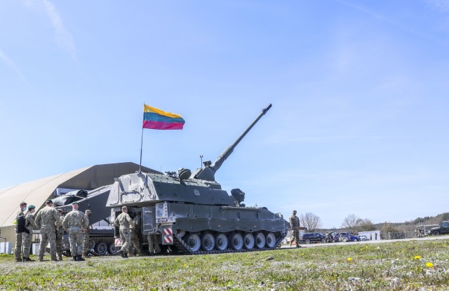 U.S. and Lithuanian Soldiers stand behind Lithuania’s Panzerhaubitze 2000, on display as part of Dynamic Front 21 Academics Day, at Vilseck Army Air Field, Germany, May, 09, 2021. Dynamic Front 21 includes approximately 1,800 participants from...