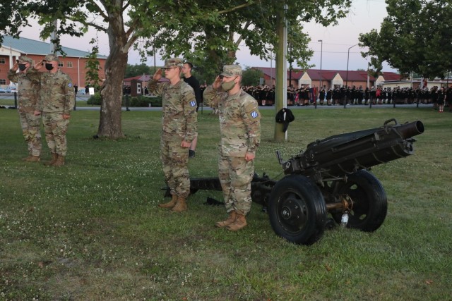U.S. Soldiers from the 3rd Infantry Division salute the U.S. flag during the opening ceremony to Marne Week 2021 at Fort Stewart, Georgia, May 17. The bed race kicks off this Marne week, standing in as a fun alternative to the traditional division...