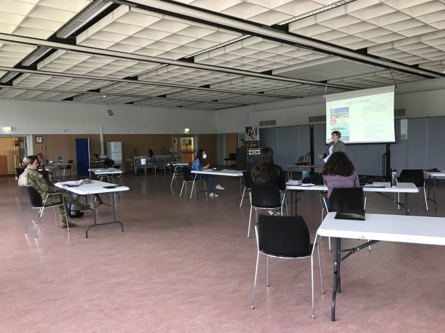 WIESBADEN, Germany – After several months of virtual spouse orientation, Army Community Services is doing face-to-face orientation again, with COVID restrictions in place.  The spouses are briefed by many of the organizations on post, like the Public Affairs Office and where to find information they need.