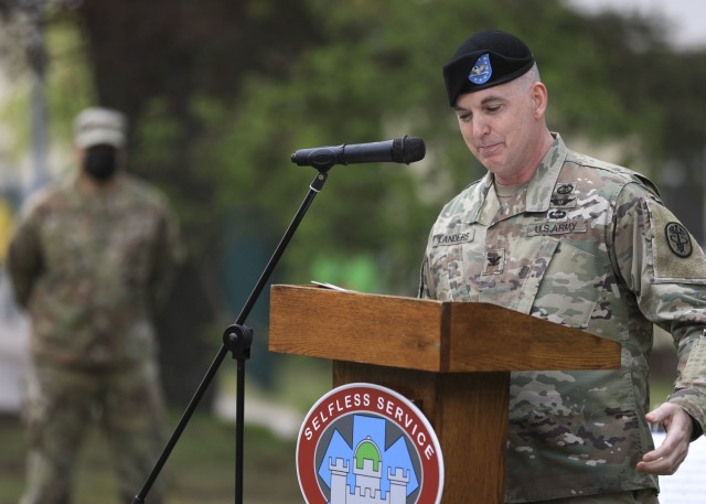 LANDSTUHL, Germany -- U.S. Army Col. Andrew L. Landers provides remarks during a change of command ceremony where U.S. Army Col. Michael A. Weber relinquished command of Landstuhl Regional Medical Center to Landers at LRMC, May 20. Landstuhl Regional Medical Center is the largest American military medical center outside of the United States and plays a strategic role as the sole evacuation and tertiary referral center for five combatant commands.