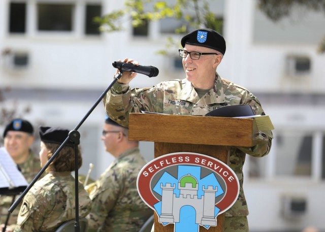 LANDSTUHL, Germany -- U.S. Army Brig. Gen. Mark W. Thompson, commanding general, Regional Health Command Europe, provides remarks during a change of command ceremony where U.S. Army Col. Michael A. Weber relinquished command of Landstuhl Regional Medical Center to U.S. Army Col. Andrew L. Landers at LRMC, May 20. Landstuhl Regional Medical Center is the largest American military medical center outside of the United States and plays a strategic role as the sole evacuation and tertiary referral center for five combatant commands.