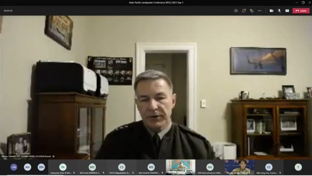 Army Chief of Staff Gen. James C. McConville during a virtual address of the 2021 Indo-Pacific Landpower Conference opening.