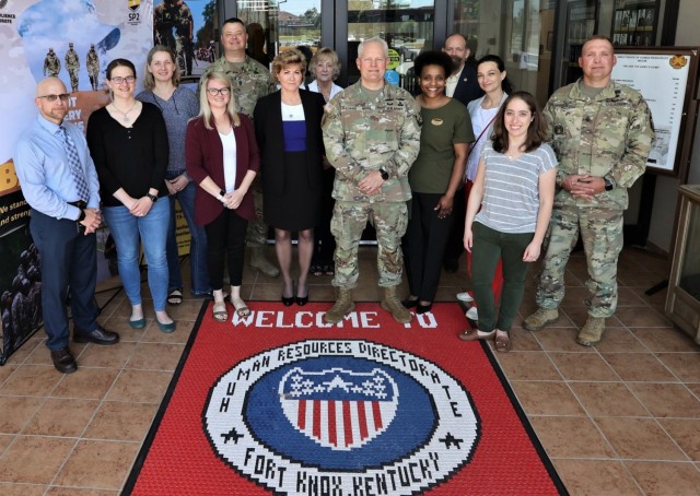 Maj. Gen. John Evans Jr., U.S. Army Cadet Command and Fort Knox commanding general, along with other post leaders tour the recently created military spouse co-work space on the installation May 20, 2021. They also sought and received feedback from...