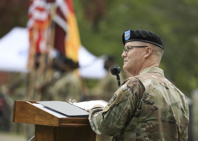 LANDSTUHL, Germany -- U.S. Army Col. Michael A. Weber provides remarks during a change of command ceremony where Weber relinquished command of Landstuhl Regional Medical Center to U.S. Army Col. Andrew L. Landers at LRMC, May 20. Landstuhl Regional Medical Center is the largest American military medical center outside of the United States and plays a strategic role as the sole evacuation and tertiary referral center for five combatant commands.
