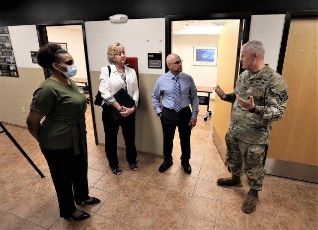 Post leaders discuss the successes they’ve seen so far with its military spouse co-work space and how they can further expand its footprint and offerings. Summer Carney (left) oversees the co-work space and provides employment assistance for...