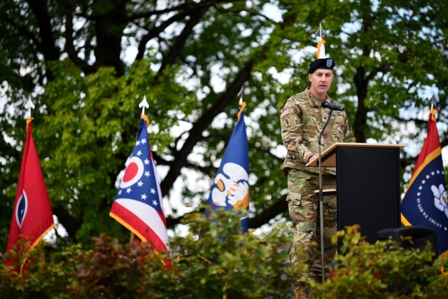 U.S. Army Garrison Stuttgart Commander, Col. Matt Ziglar, addresses distinguished guests shortly after taking command of the garrison.