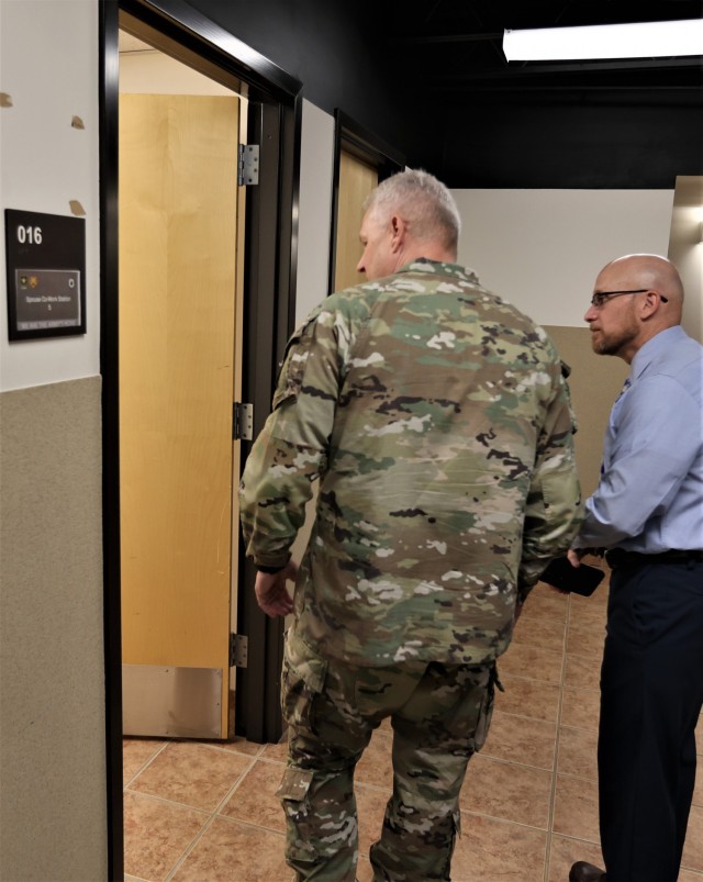 Maj. Gen. John Evans Jr., U.S. Army Cadet Command and Fort Knox commanding general, along with other post leaders tour the recently created military spouse co-work space on the installation May 20, 2021. They also sought and received feedback from...