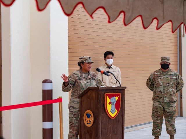 Lt. Col. Rosanna Clemente, 1st Battalion, 1st Air Defense Artillery Regiment commander, shares remarks during the Patriot Missile Storage Facility ribbon-cutting ceremony to celebrate the unveiling of the first MSF at Kadena Air Base, Japan May 19, 2021.