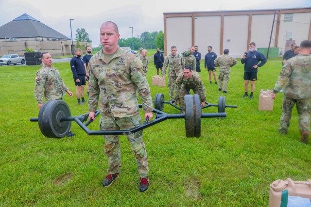 U.S. Army Maj. Patrick Zang, operations officer, Headquarters and Headquarters Company, 1st Battalion, 506th Infantry Regiment “Red Currahee,” 1st Brigade Combat Team, 101st Airborne Division (Air Assault) conducts a deadlift during the Top 5 Competition physical fitness competition during Bastogne Week May 5, on Johnson Field on Fort Campbell, Kentucky. Bastogne Week is a week-long competitive event building esprit de corps and pride within the unit. (U.S. Army photo by Sgt. Lynnwood Thomas, 1st Brigade Combat Team Public Affairs)